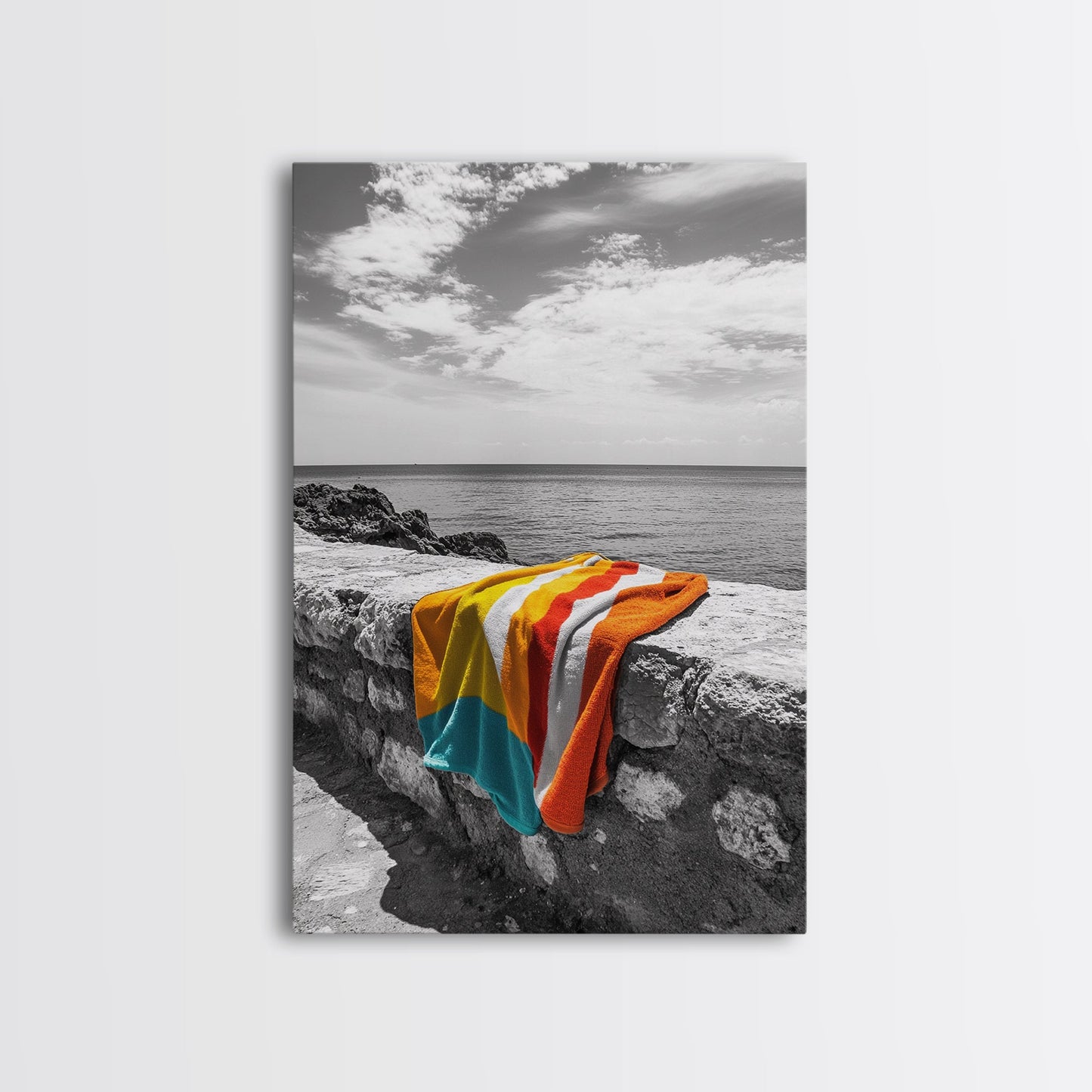 Colorful Towel, Coastal Vibes, Seaside Style, Bold Decor, Framed Canvas Print vibrant beach towel photo, bathroom wall art, summer art