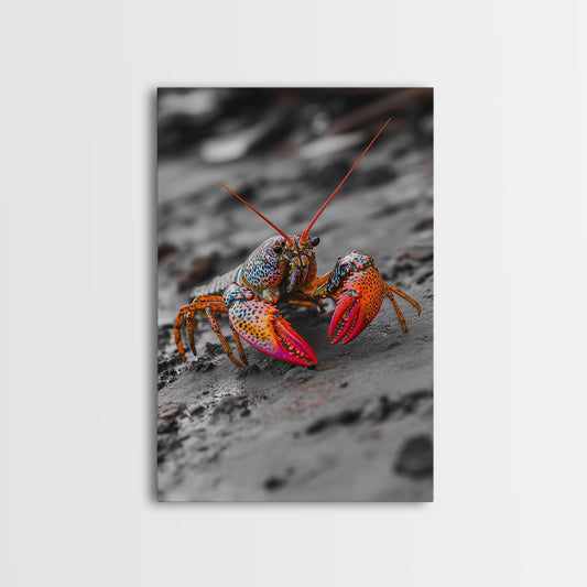 Colorful Lobster, Beach Wildlife, Close-Up Macro Art, Framed Canvas Print, Kitchen Wall Art, Coastal Marine Decor, Vibrant Style