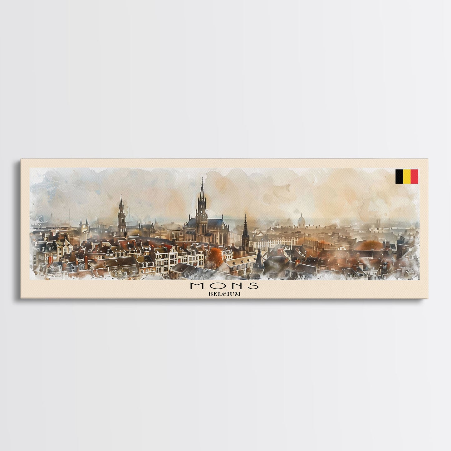 Mons Belgium Panoramic Travel Poster, Framed Canvas Print or Metal Wall Art, Travel Art, Home Decor, Panoramic Painting, Midcentury Art