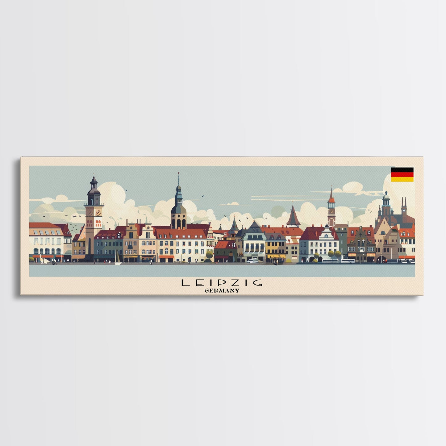 Leipzig Germany Panoramic Travel Poster, Framed Canvas Print or Metal Wall Art, Travel Art, Home Decor, Panoramic Painting, Midcentury Art