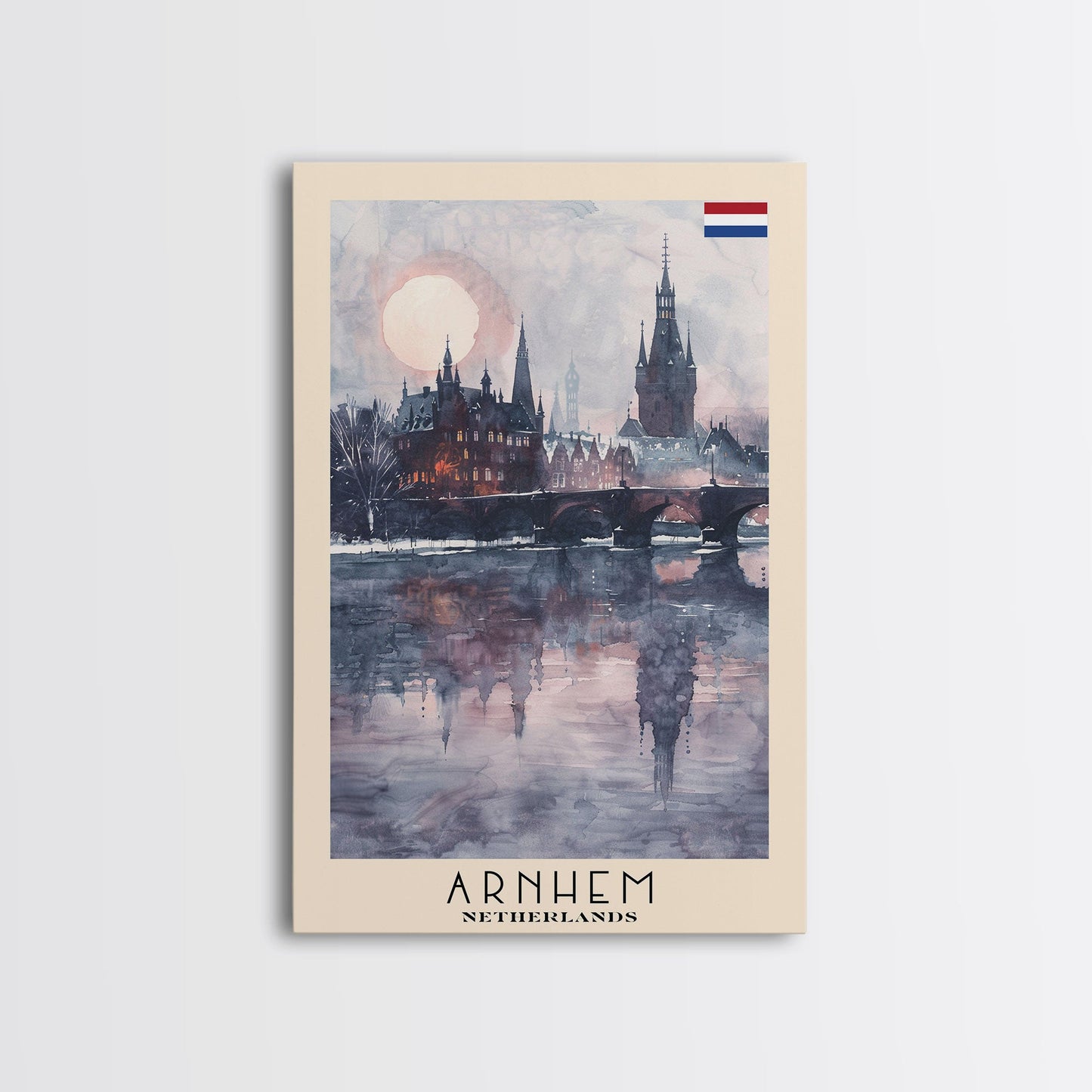 Arnhem Netherlands Travel Poster Framed Canvas Print, Wall Art, Home Decor, Vacation Print, Watercolor Painting, Cityscape Art
