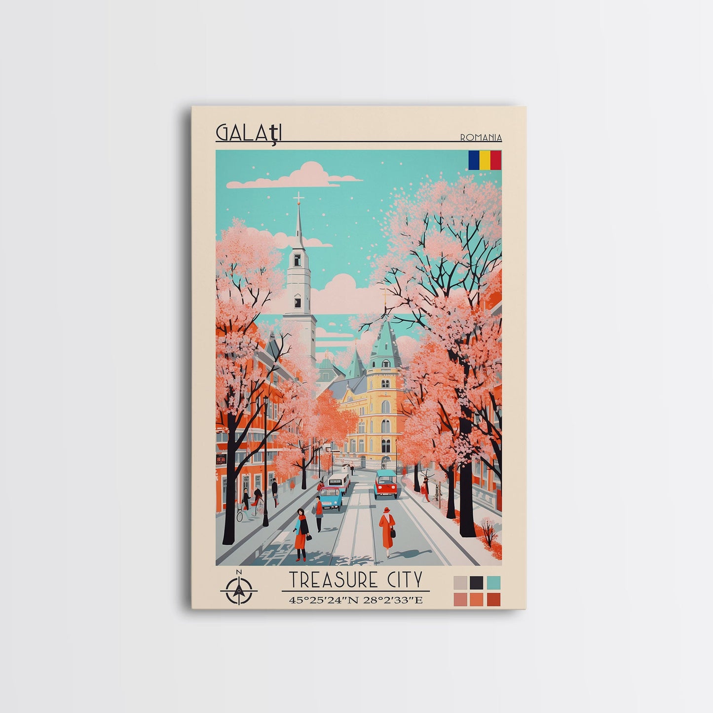 Galați Romania Travel Poster Framed Canvas Print, Midcentury Modern Art, Pop Art Wall Decor, Scenic Wall Art, Bedroom Decoration, Office Art