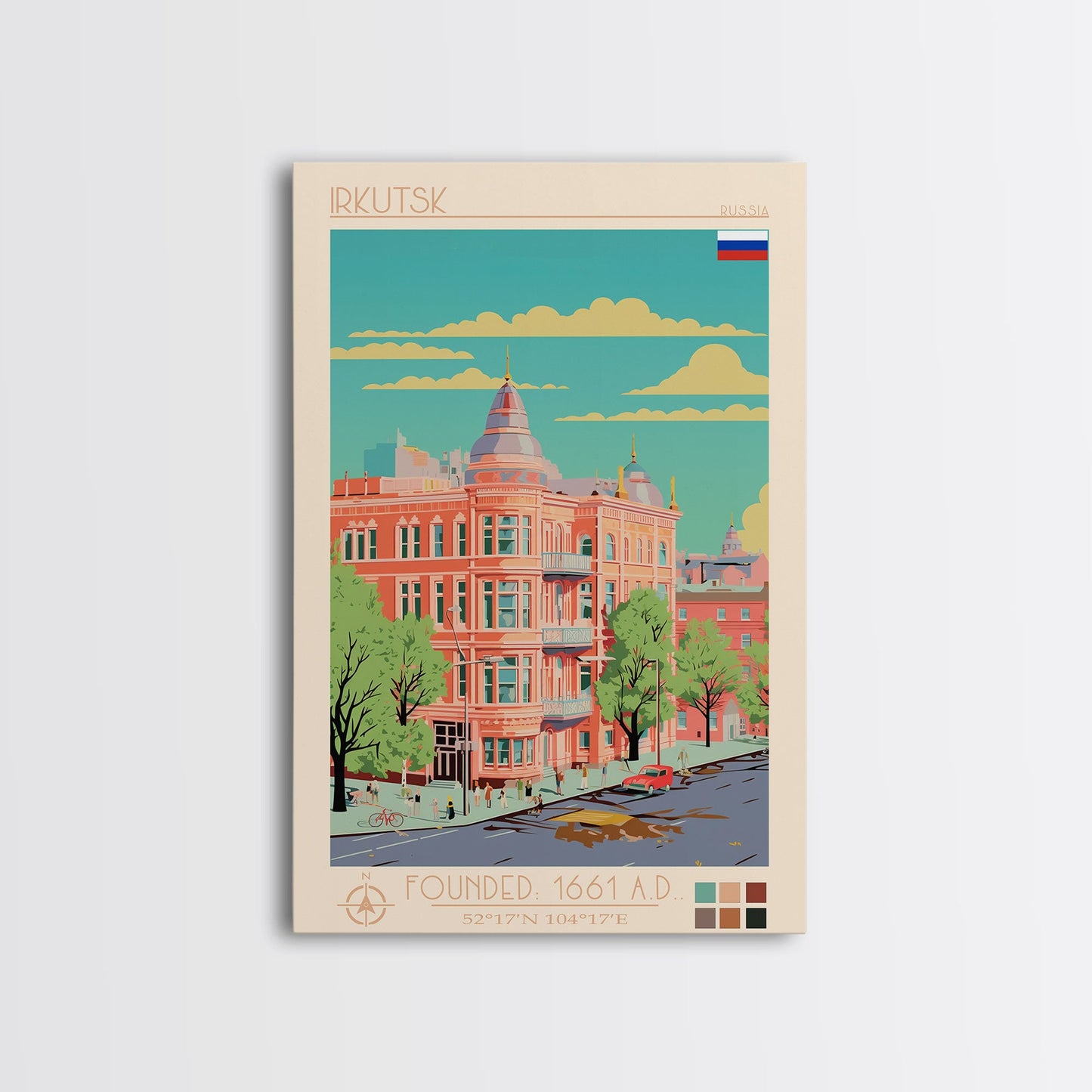 Irkutsk Russia Travel Poster Framed Canvas Print, Midcentury Modern Art, Pop Art Wall Decor, Scenic Bedroom Art, Office Decoration