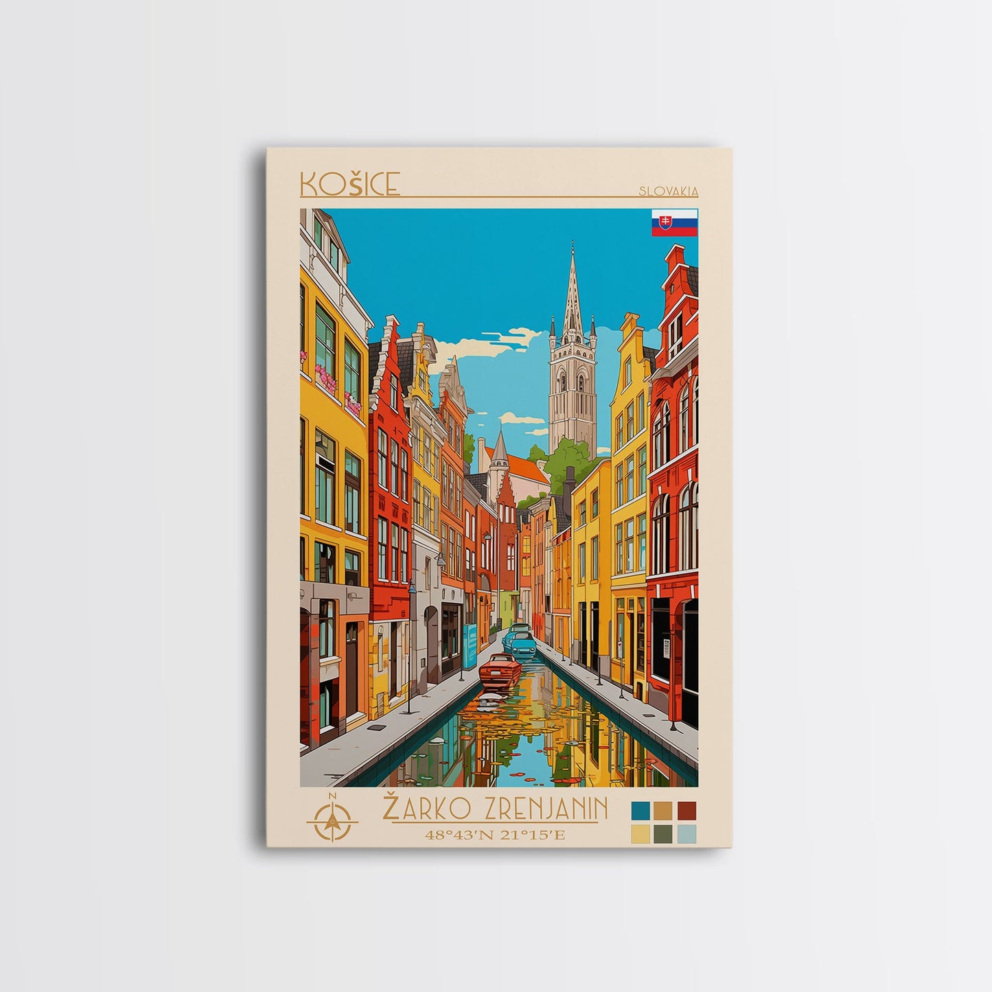 Košice Slovakia Travel Poster Framed Canvas Print, Midcentury Modern Art, Pop Art Wall Decor, Scenic Living Room Art, Bedroom Gift