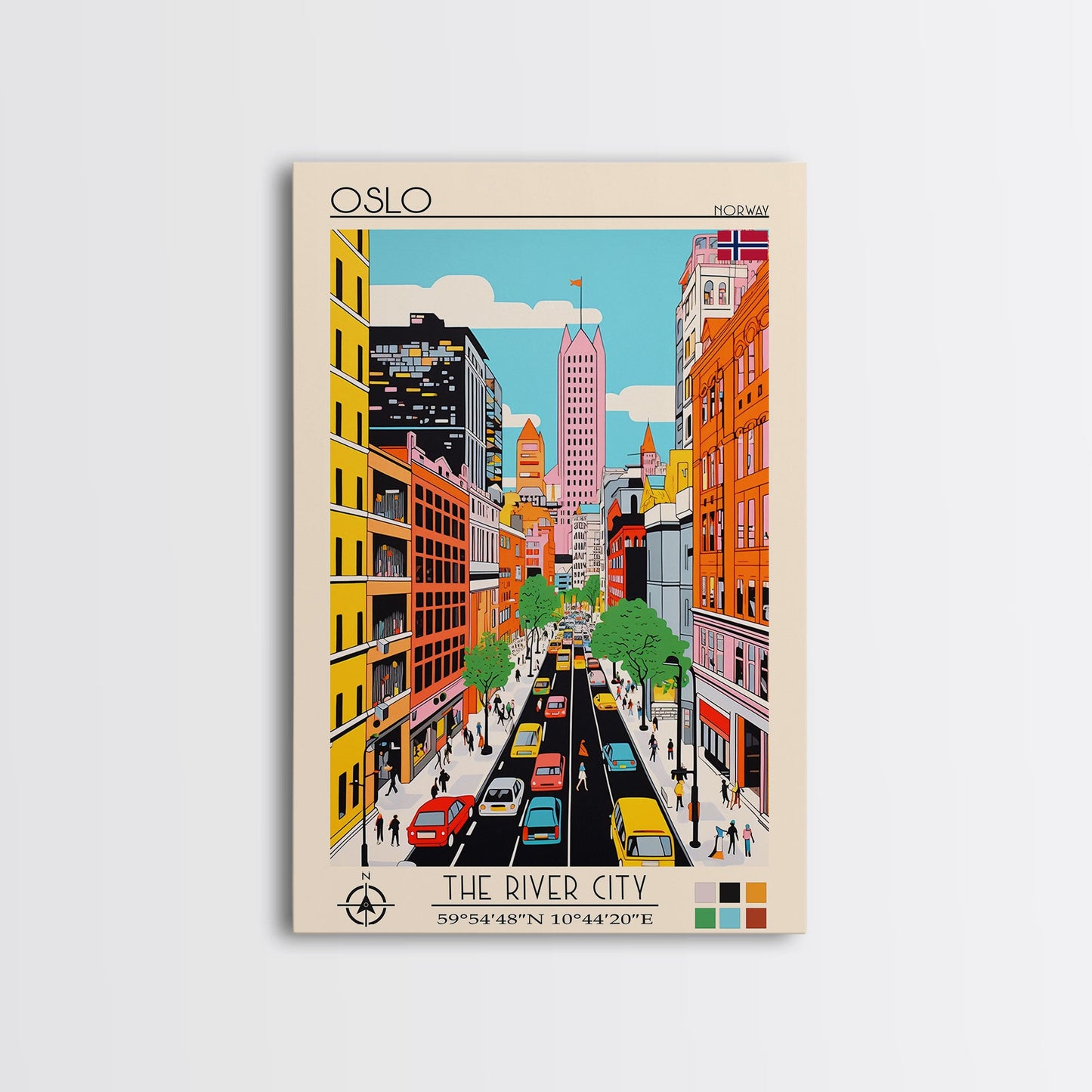 Oslo Norway Travel Poster Framed Canvas Print, Midcentury Modern Art, Pop Art Wall Decor, Scenic Living Room Art, Bedroom Gift