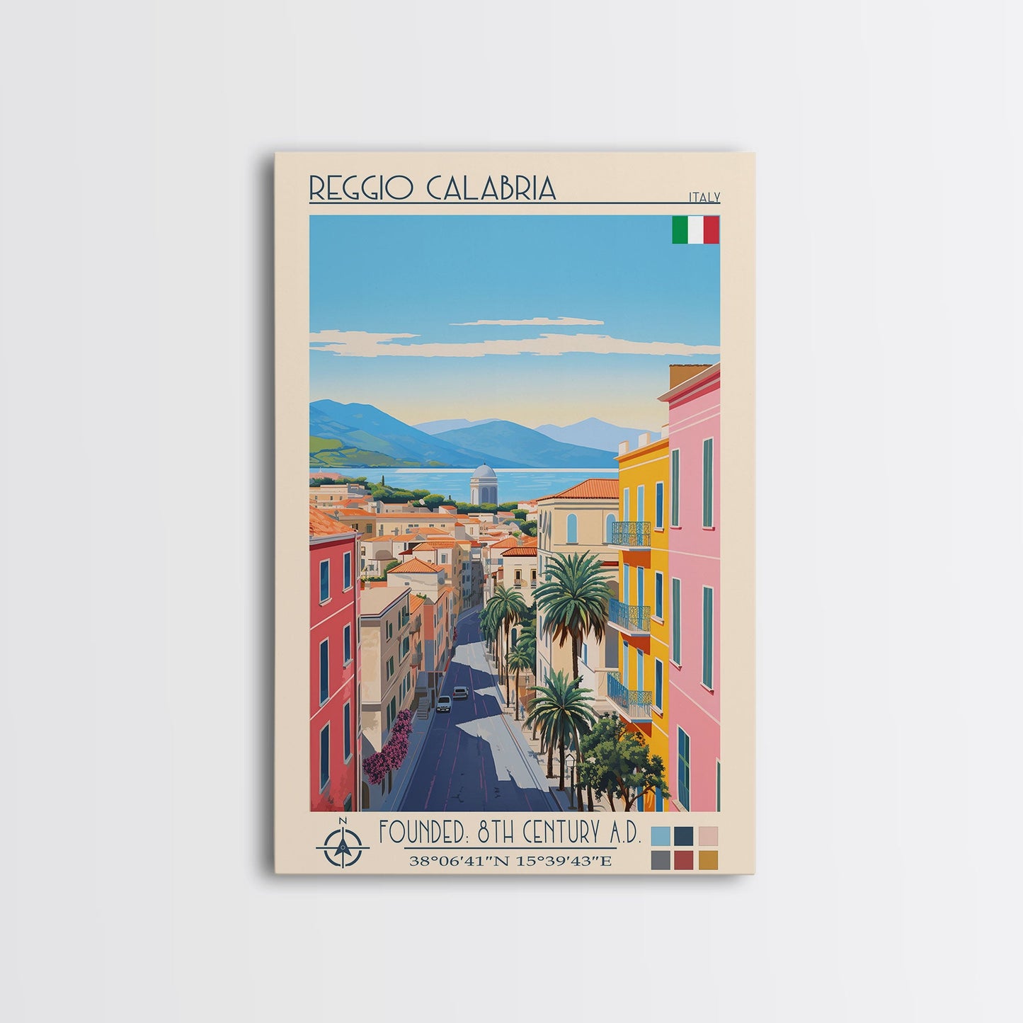 Reggio Calabria Italy Travel Poster Framed Canvas Print, Midcentury Modern Art, Pop Art Wall Decor, Scenic Living Room Art, Bedroom Gift