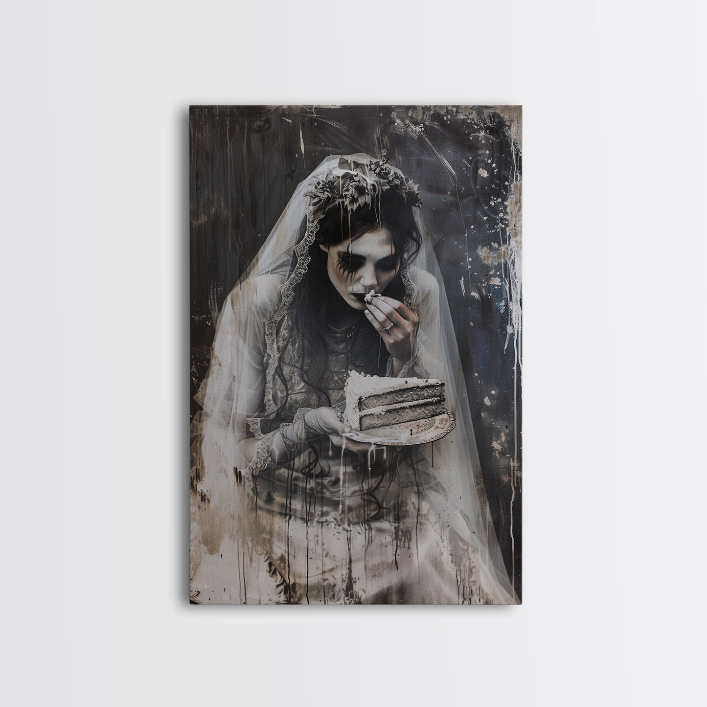Melancholic Ghost Bride Having A Slice of Birthday Cake, Framed Canvas Print, Halloween Decor