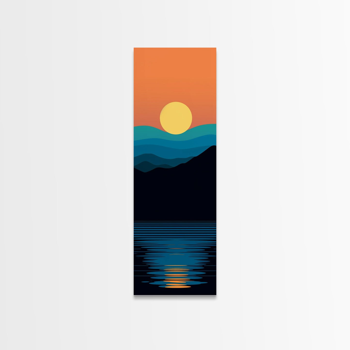 Minimalist Sunset Over Mountains Midcentury Modern Art - Framed Canvas Print, Boho Art, Skinny Art, Living Room Art, Bedroom Decor, Landscape
