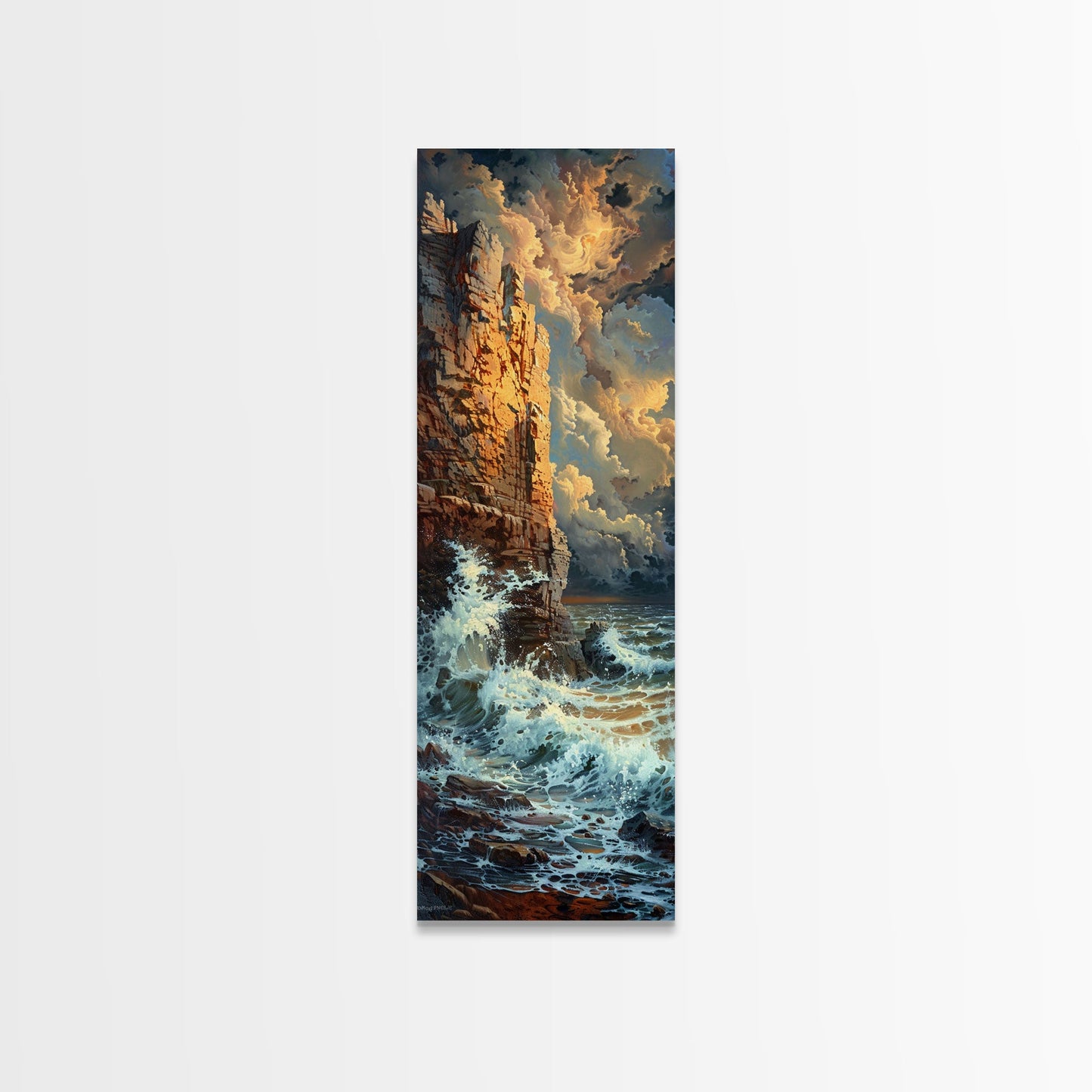 Majestic Cliffside and Crashing Waves in a Coastal Landscape on a Framed Canvas Print Tall Art Piece