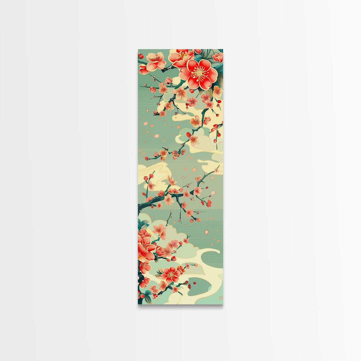 Plum Blossoms, Turquoise Sky, Japanese Art, Skinny Art, Tall Art, Framed Canvas Print, Ukiyo-e Style