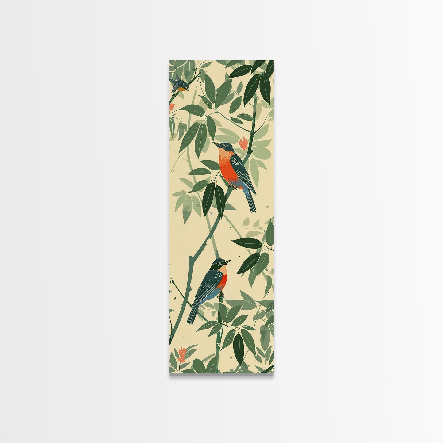 Skinny Art Tall Art Framed Canvas Print Birds Amongst Dense Greenery And Red Flowers Ukiyo-e Japanese Style Art Wood Block Print