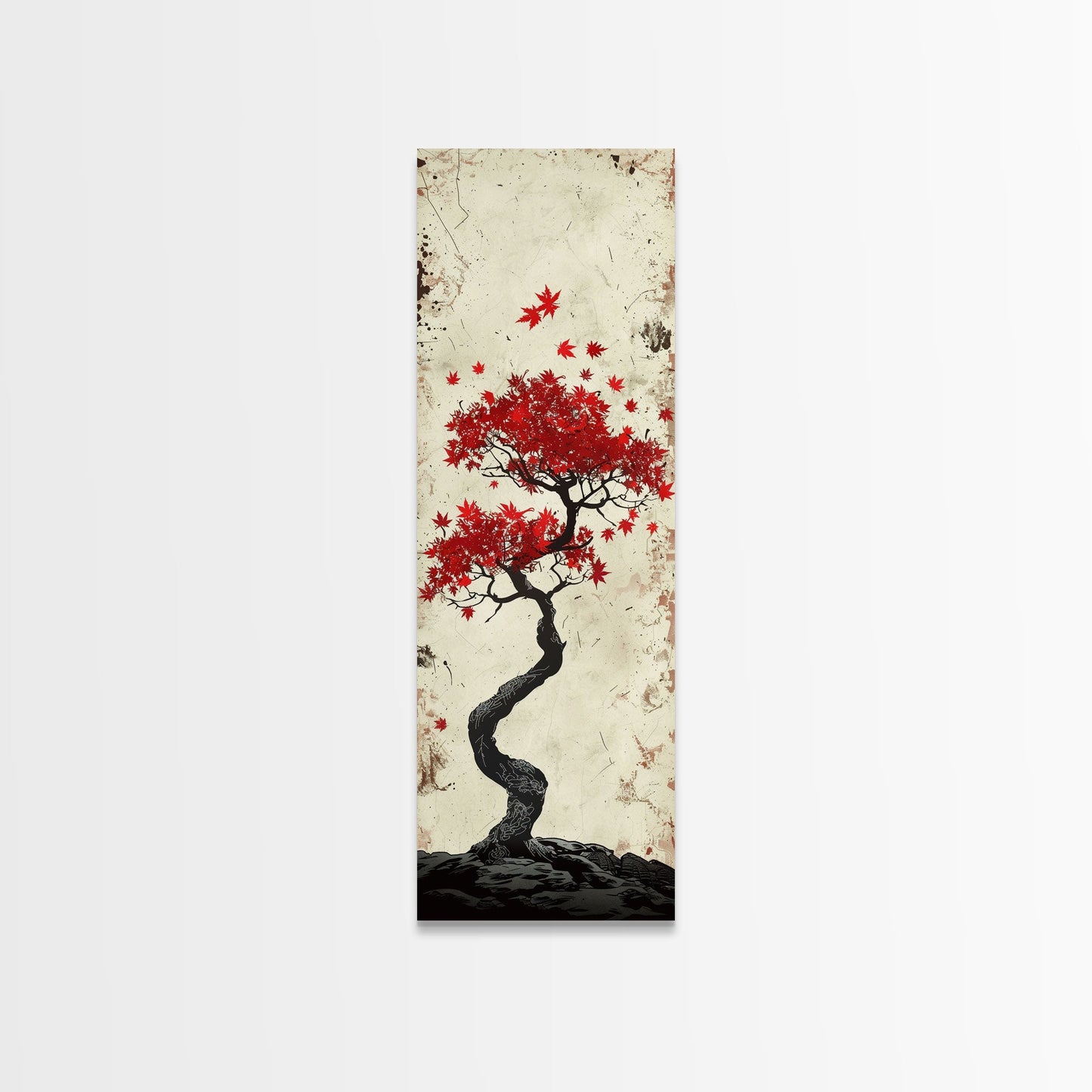 Red Maple Bonsai Tree Japanese Art Skinny Wall Art Framed Canvas Print with Windswept Branches and Red Leaves