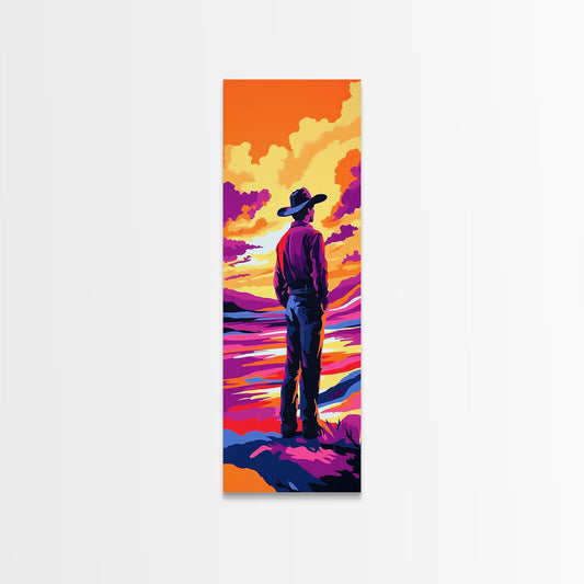 Colorful Sunset Cowboy Art Framed Canvas Print, Southwest Wall Art, Moody Art, Whimsical Art, Pink Orange Wall Art, Tall Narrow Art