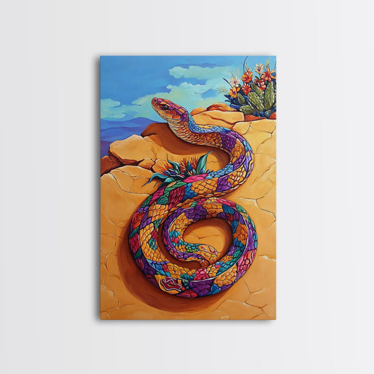 Coiled Snake, Vibrant Snake Art, Desert Landscape, Wildlife Art, Southwest Wall Art, Unique Decor, Framed Canvas Print