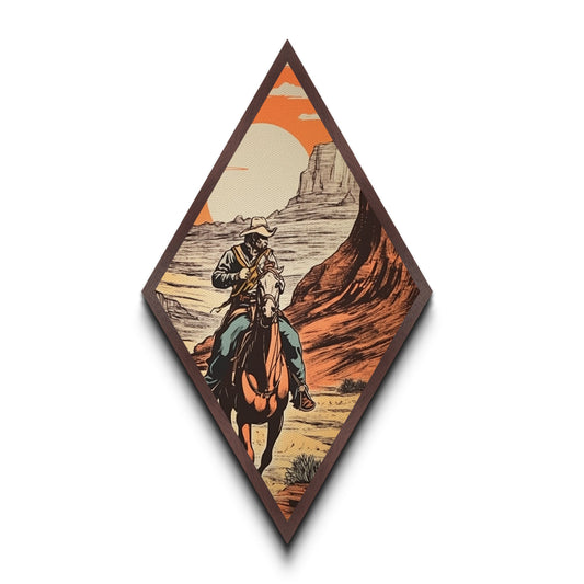 Rugged Cowboy Frontier Path Diamond Shaped Canvas Textured Print — Vintage Western Horseman Art Desert Trail Rustic Ranch Decor