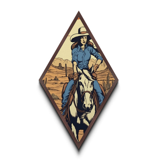Vintage Western Cowgirl Diamond Shaped Retro Canvas Art Print with Horseback Rider and Desert Landscape Rustic Ranch Home Wall Decor