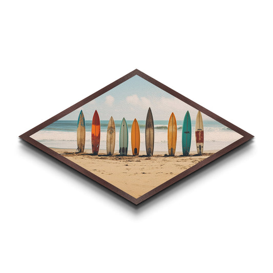 Coastal Surf Vibes Diamond Shaped Beach Canvas Art Print surfboards ocean retro seaside summer surf shack boho wall decor gift idea