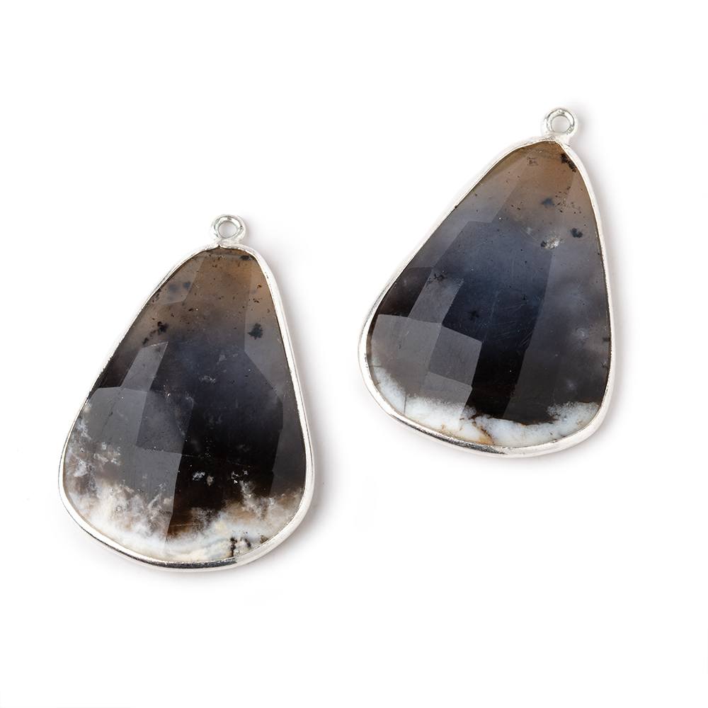 30x23mm .925 Silver Bezel Dendritic Agate Faceted Freeform Set of 2 Pendants
