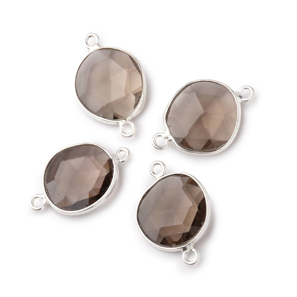 12x11mm Silver .925 Bezel Smoky Quartz Faceted Nugget Connector Set of 4 Pieces