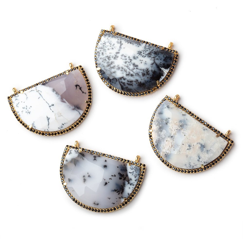 33x23mm Vermeil & Black CZ Bezel Dendritic Opal Half Moon 1 Connector