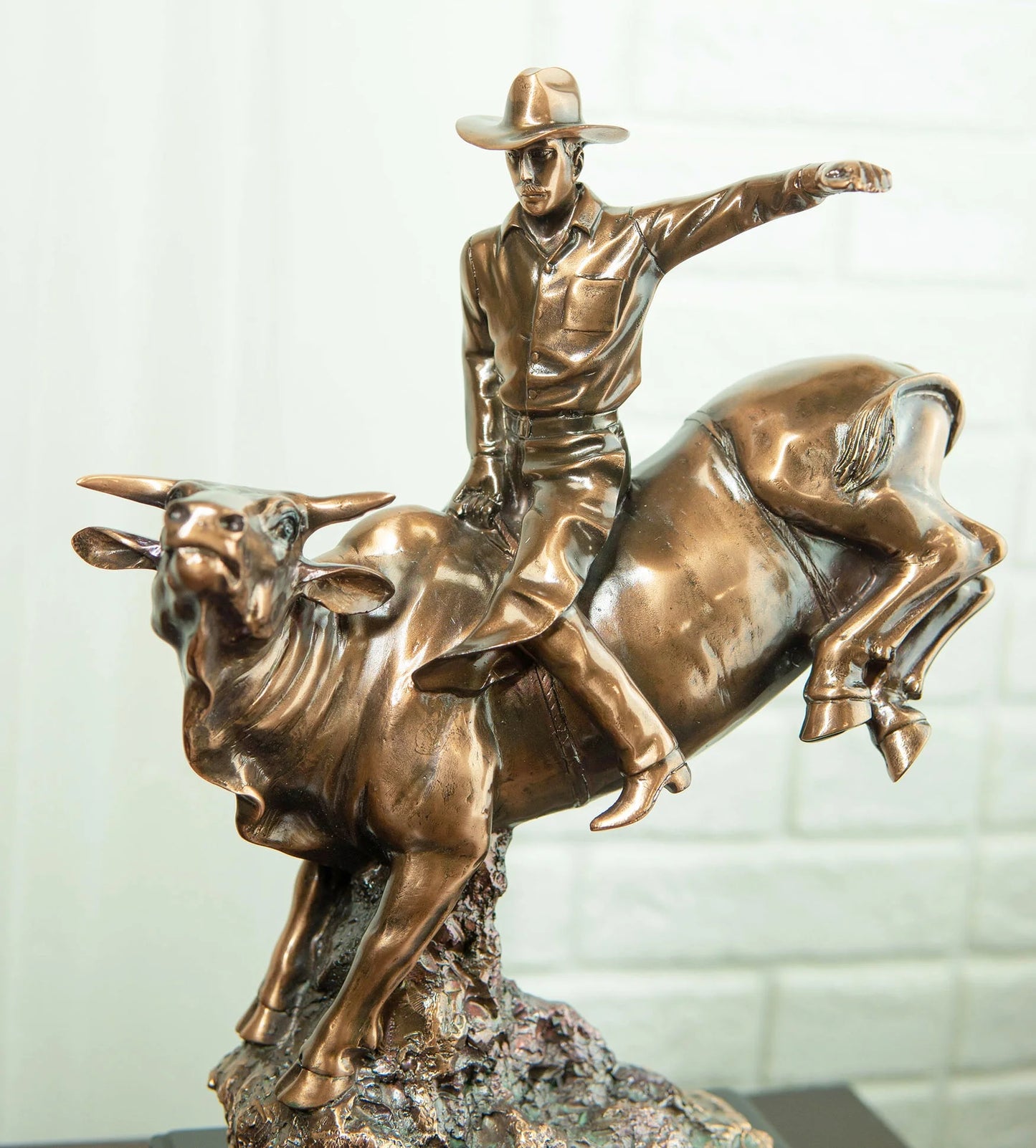 Wild Western Rodeo Cowboy with Bucking Bull Bronze Electroplated Statue