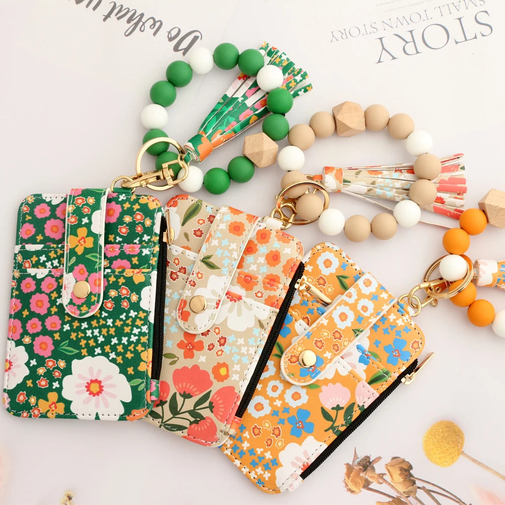 2024 Silicone Bead Bracelet Leather Card Bag Wristlet Keychain Silicone Bracelet Wallet Bangle Floret Printed Fragmented ID Bag