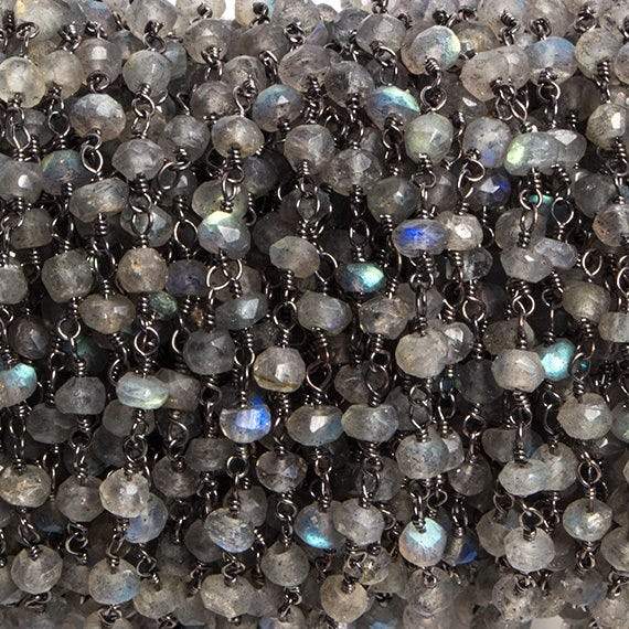 3mm Labradorite faceted rondelle Black Gold Chain by the foot 36 pieces