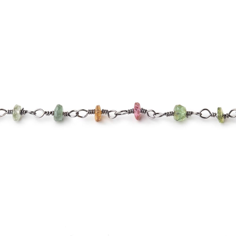 3mm Multi Color Tourmaline Faceted Rondelle Black Gold .925 Silver Chain by the foot