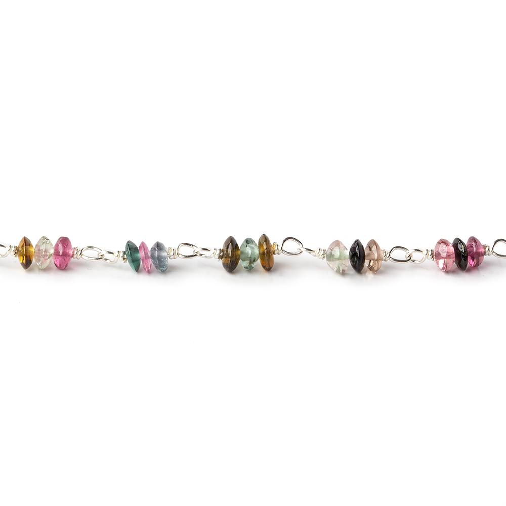 3mm Multi Color Tourmaline Rondelle Trio Silver .925 Chain by the foot 90 beads per