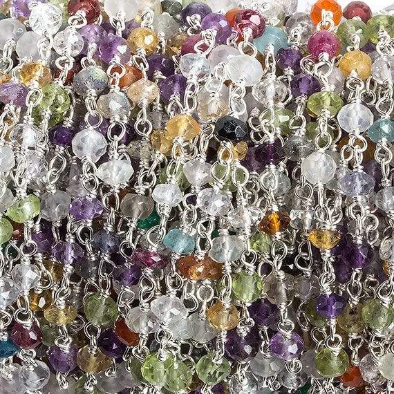 3mm Multi Gemstone faceted rondelle .925 Silver Chain by the foot 33 beads
