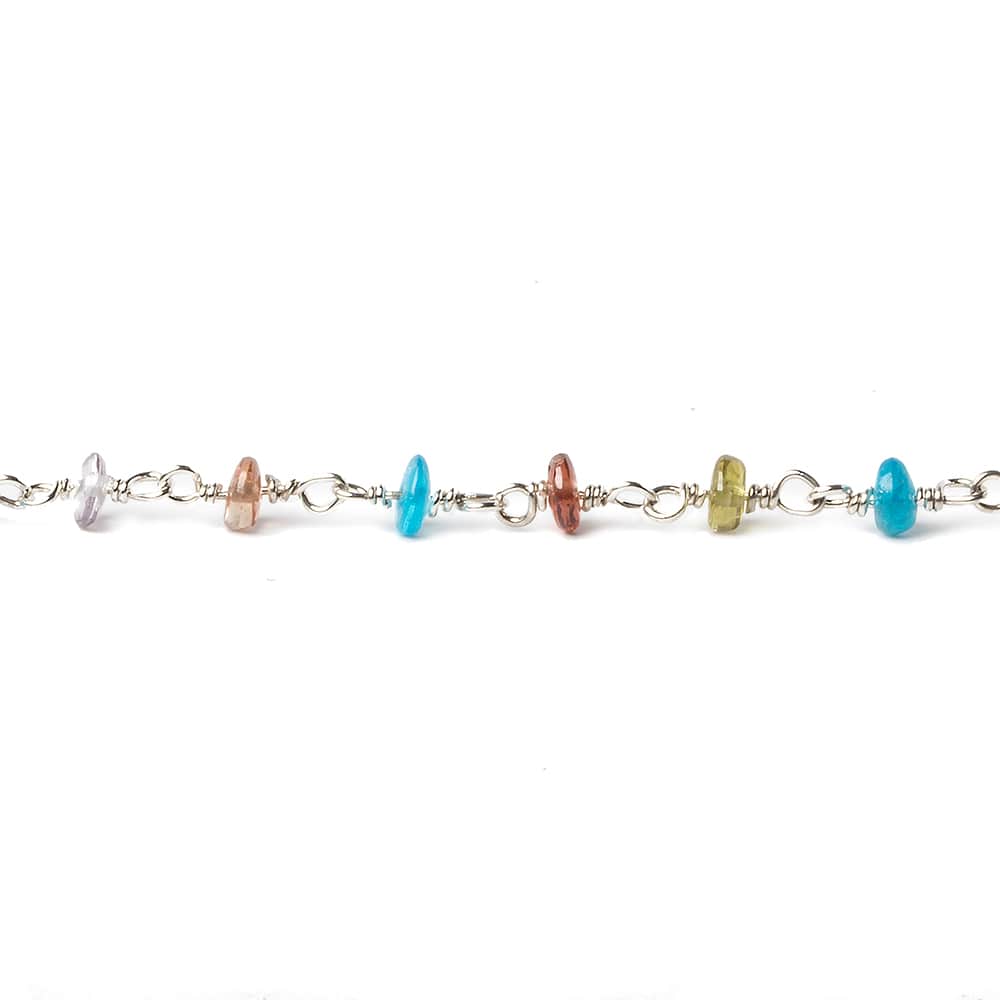 3mm Multi Gemstone plain rondelle Silver .925 Chain by the foot 45 pieces