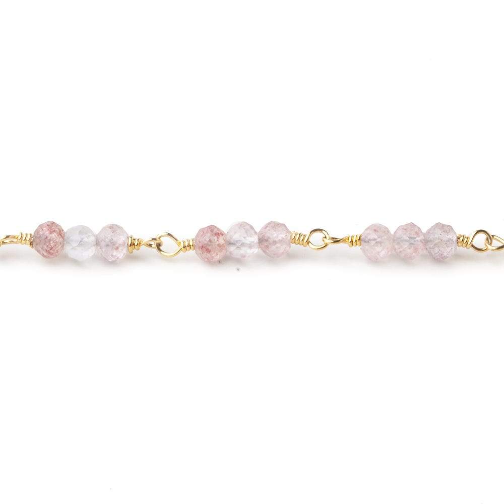 3mm Strawberry Quartz micro faceted round Trio Gold Chain by the foot 73 beads per