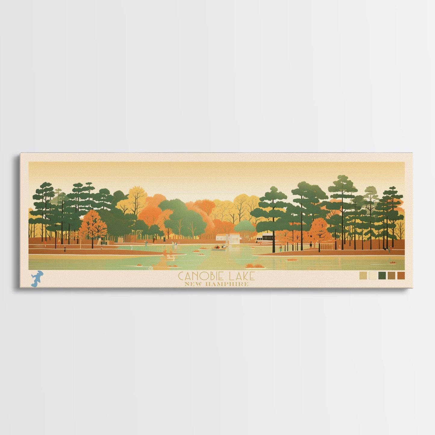 Canobie Lake New Hamphire Framed Canvas Print, Midcentury Modern Panoramic Wall Art, Living Room Decor, Pop Art, Travel Poster Art, Scenic Nature Painting