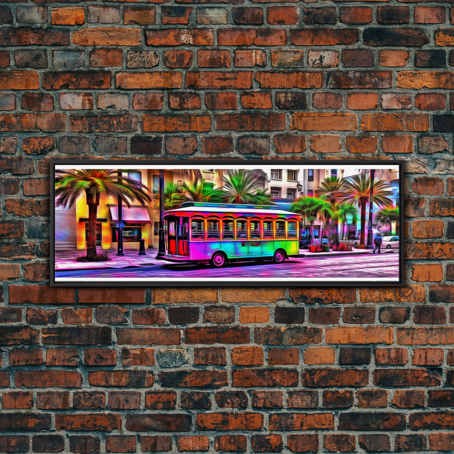 Colorful Vibrant Tram Wall Art, Palm Trees Art Print, Colored Pencil Sketch, Framed Canvas, Abstract Art, Panoramic, Wall Art, Canvas Print