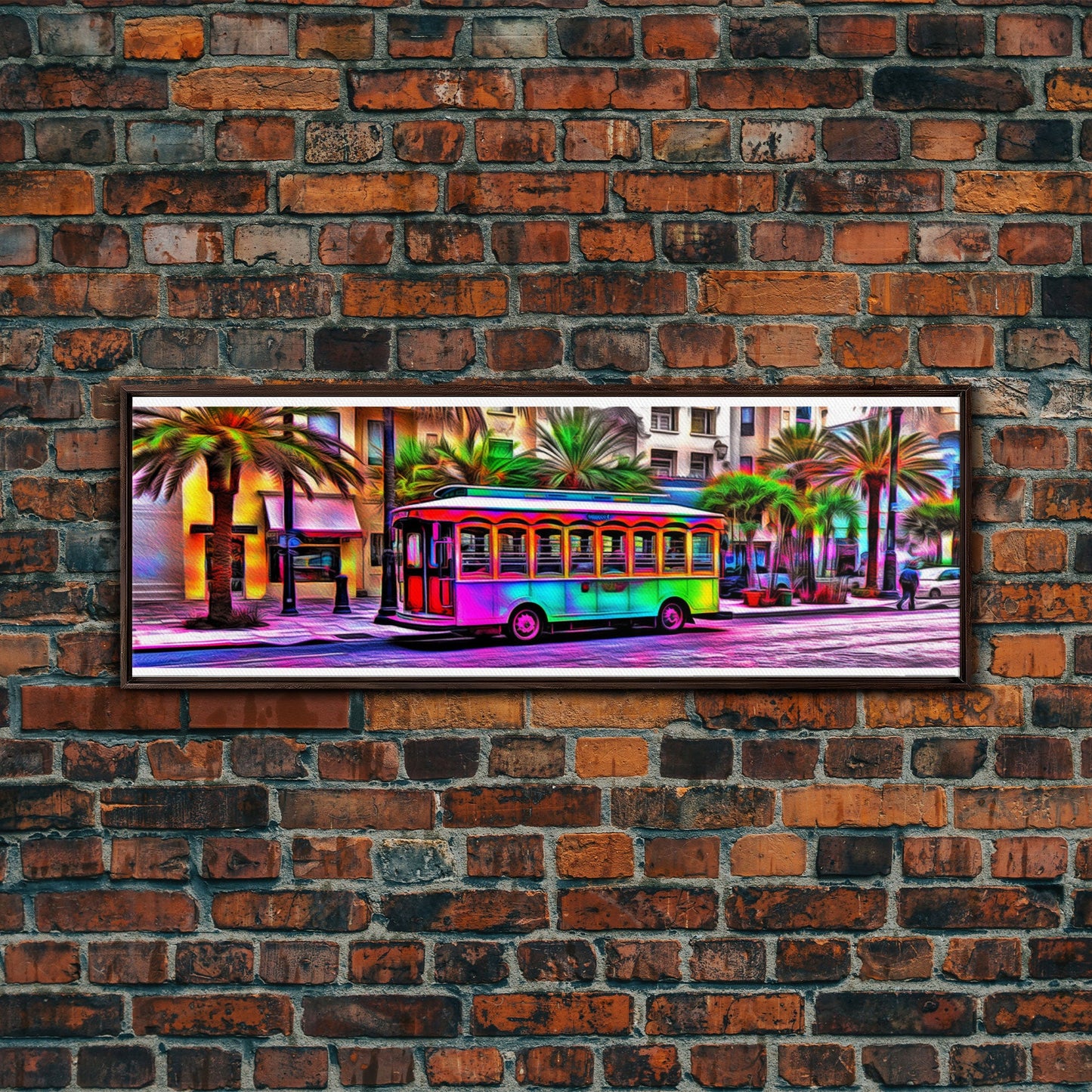 Colorful Vibrant Tram Wall Art, Palm Trees Art Print, Colored Pencil Sketch, Framed Canvas, Abstract Art, Panoramic, Wall Art, Canvas Print
