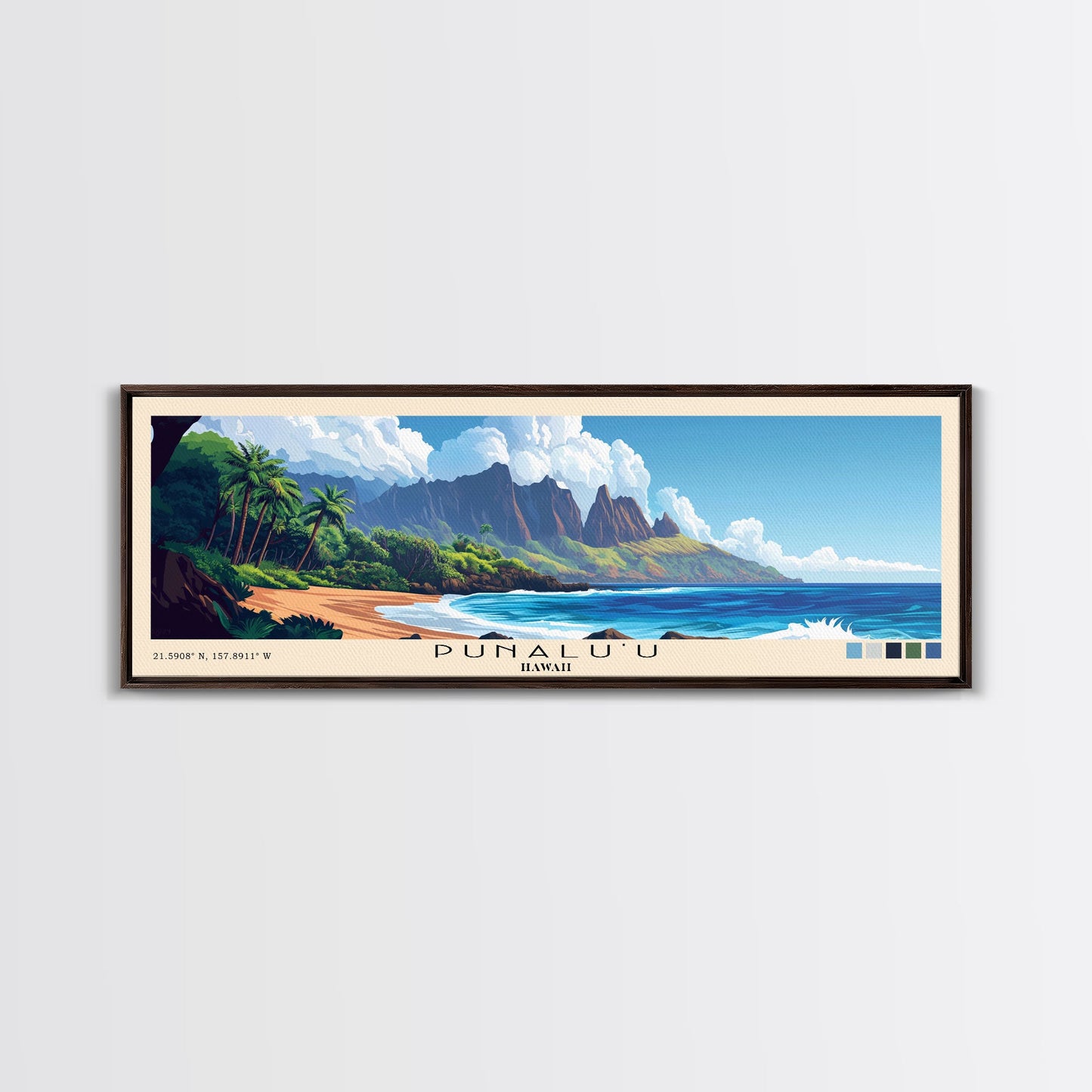 Punalu’u, Hawaii Panoramic Beach Print, Vacation Gift, Hawaii Wall Art, Framed Canvas Print, Framed Beach Painting
