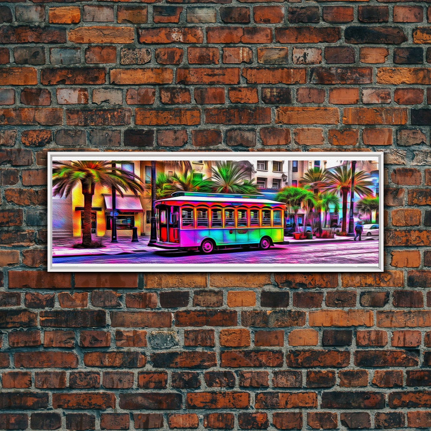 Colorful Vibrant Tram Wall Art, Palm Trees Art Print, Colored Pencil Sketch, Framed Canvas, Abstract Art, Panoramic, Wall Art, Canvas Print