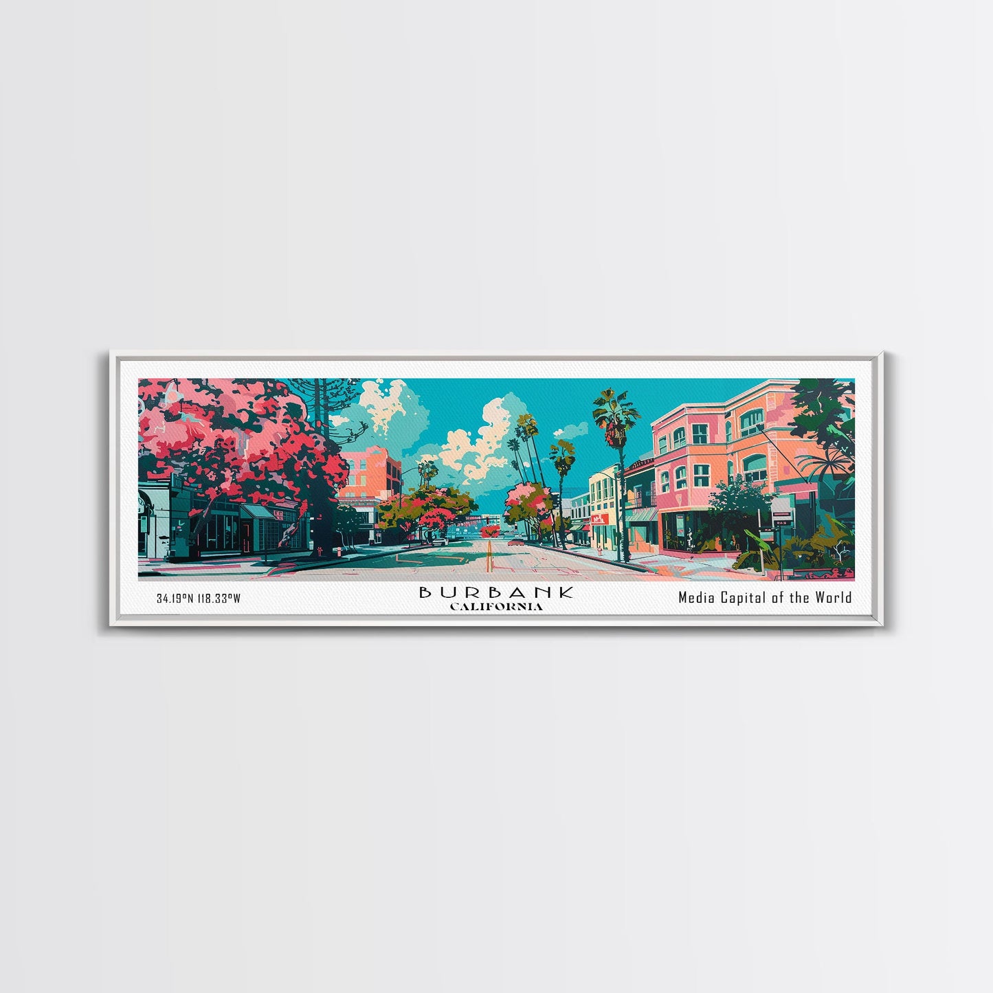 Burbank California Panoramic Painting, Mid Century Modern Framed Canvas Print, Retro Pop Art Travel Poster, Living Room Wall Art, City Art