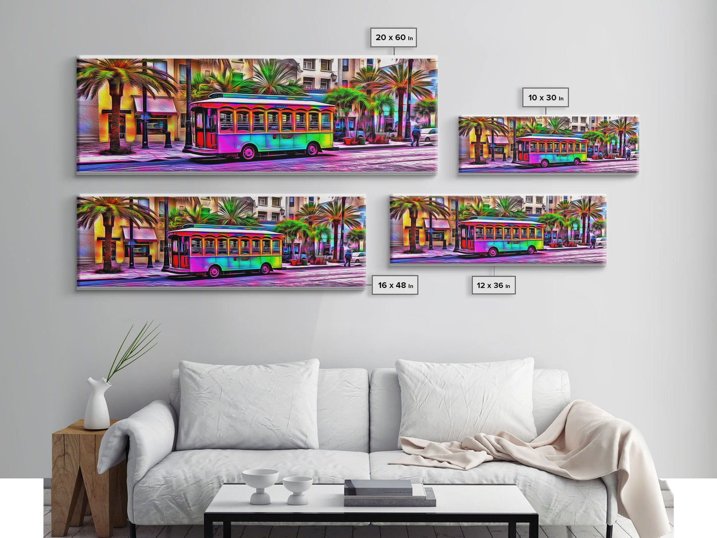 Colorful Vibrant Tram Wall Art, Palm Trees Art Print, Colored Pencil Sketch, Framed Canvas, Abstract Art, Panoramic, Wall Art, Canvas Print