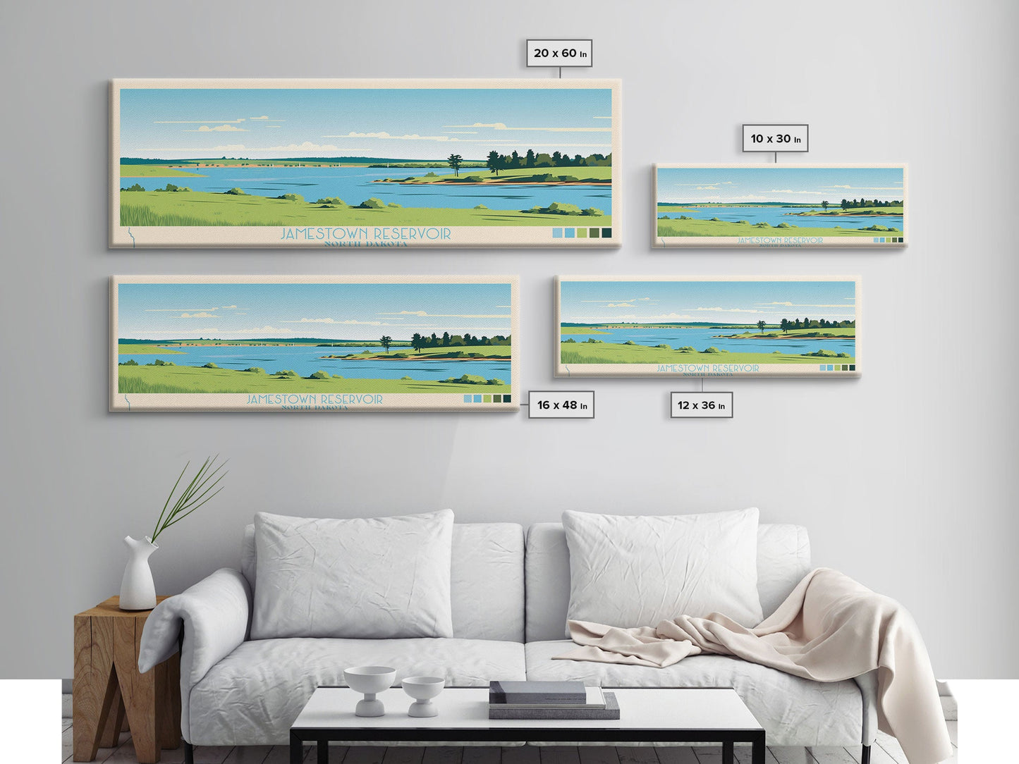 Jamestown Reservoir North Dakota Framed Canvas Print, Panoramic Art, Midcentury Modern, Pop Art, Living Room Decor, Travel Poster, Artistic Home Decor