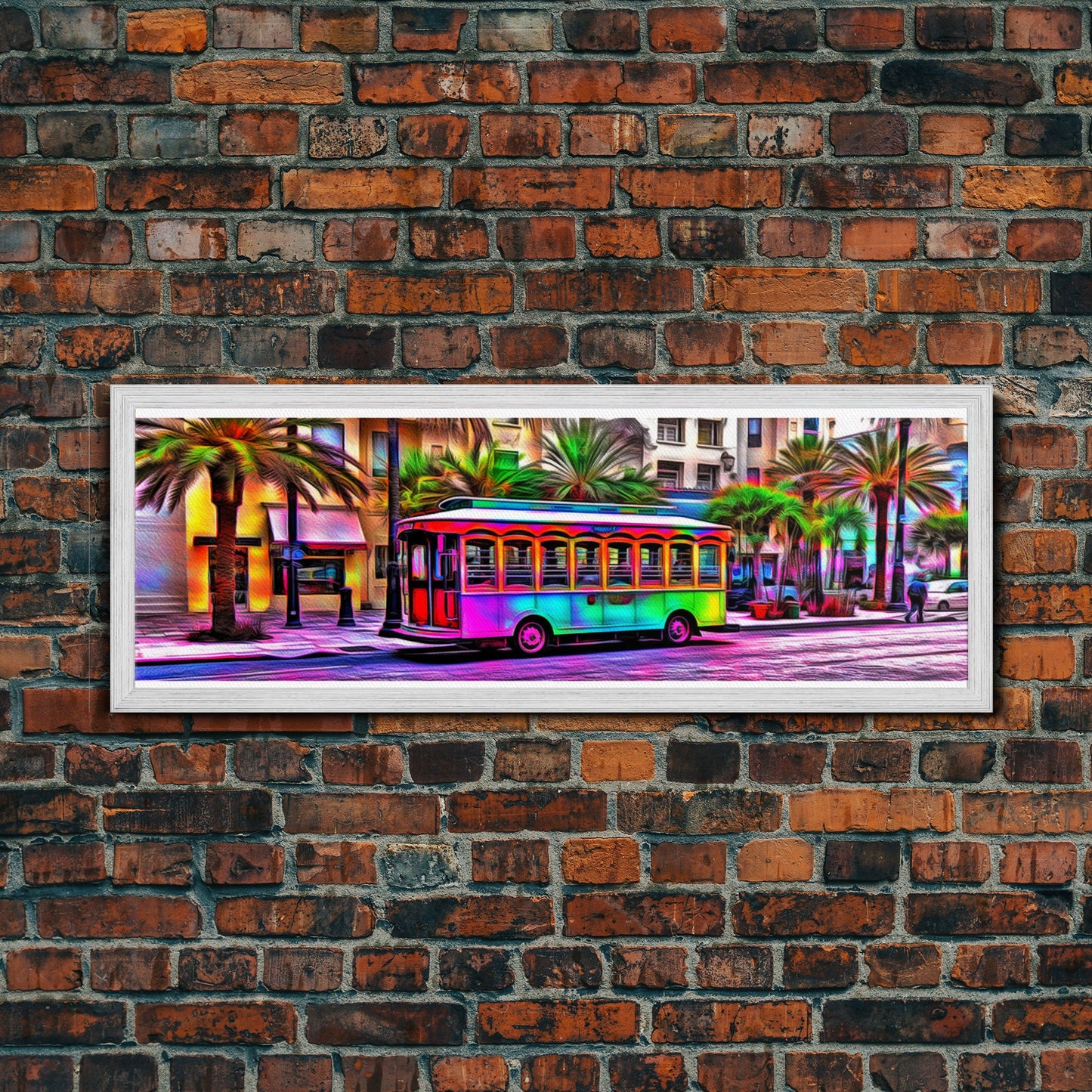 Colorful Vibrant Tram Wall Art, Palm Trees Art Print, Colored Pencil Sketch, Framed Canvas, Abstract Art, Panoramic, Wall Art, Canvas Print