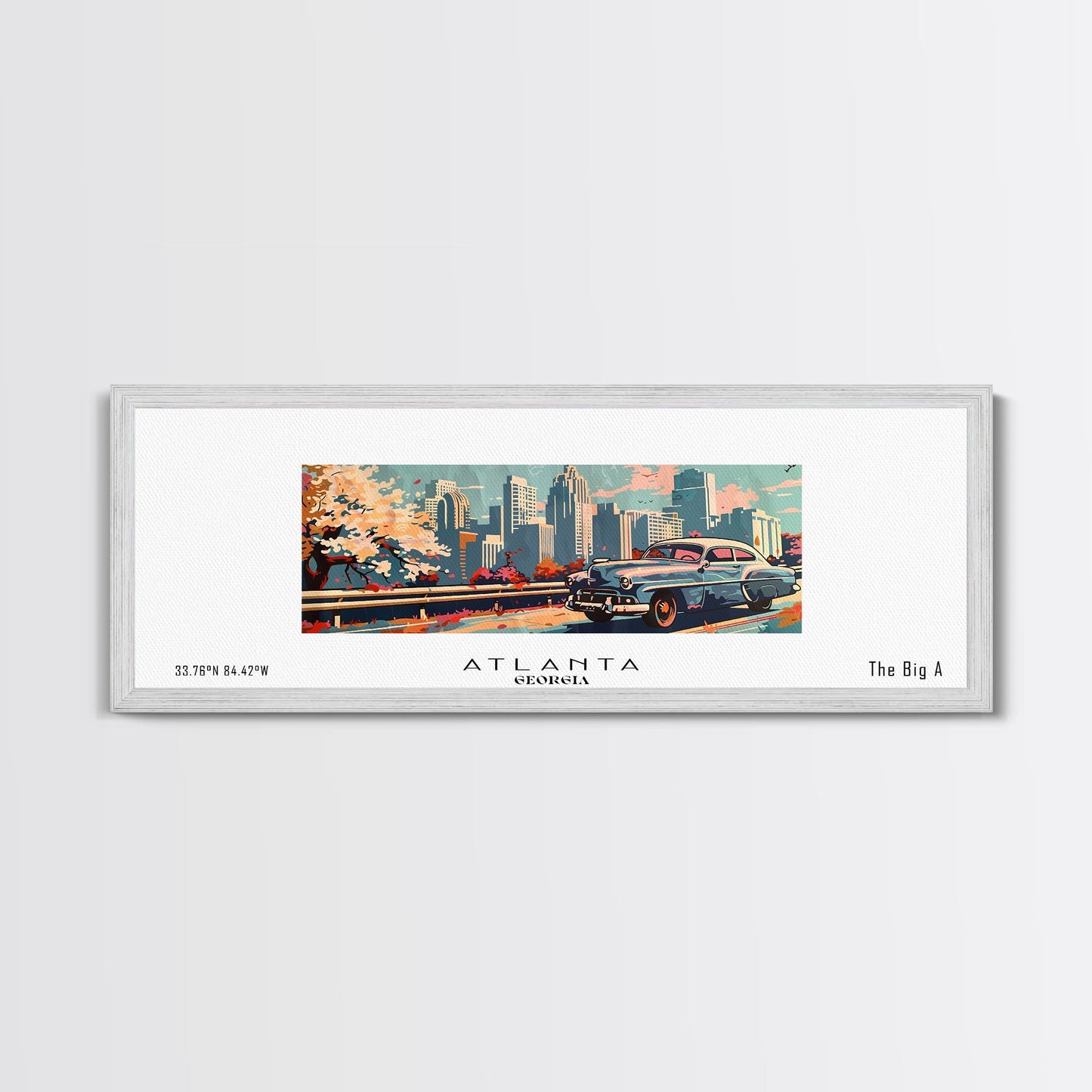 Atlanta Georgia Panoramic Painting, Mid Century Modern Framed Canvas Print, Retro Pop Art Travel Poster, Wall Decor, Gift Idea, Home Decor