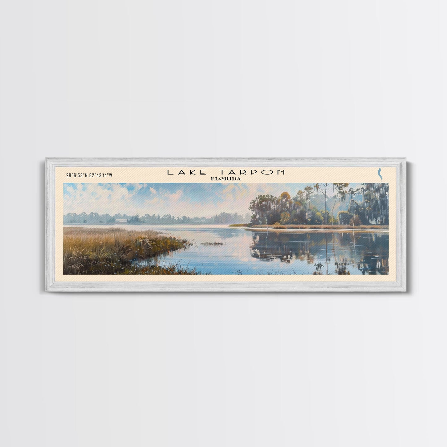 Lake Tarpon Florida Framed Canvas Print, Lake House Decor, Panoramic Wall Art, Travel Poster, Beautiful Landscape Painting, Living Room Decor