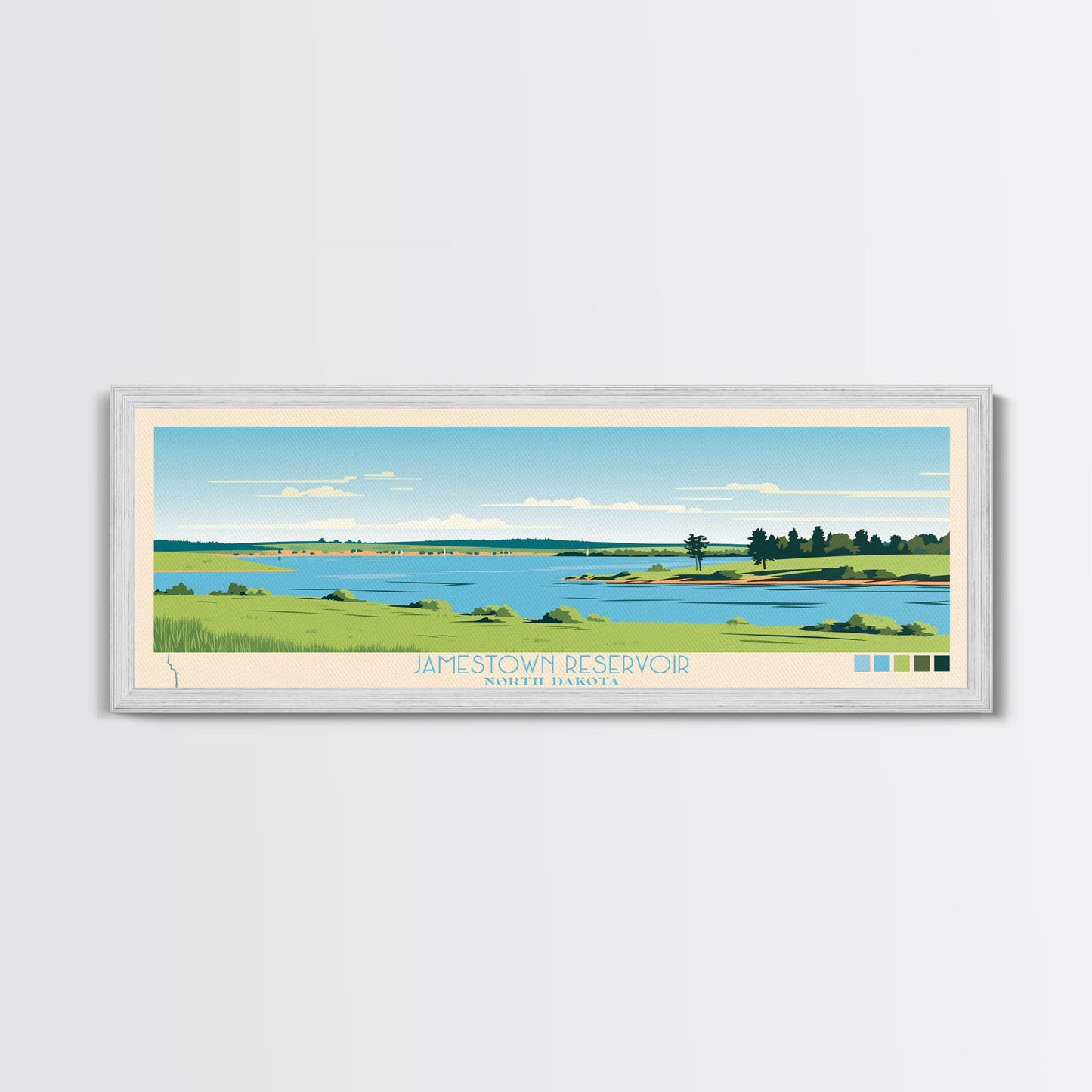 Jamestown Reservoir North Dakota Framed Canvas Print, Panoramic Art, Midcentury Modern, Pop Art, Living Room Decor, Travel Poster, Artistic Home Decor