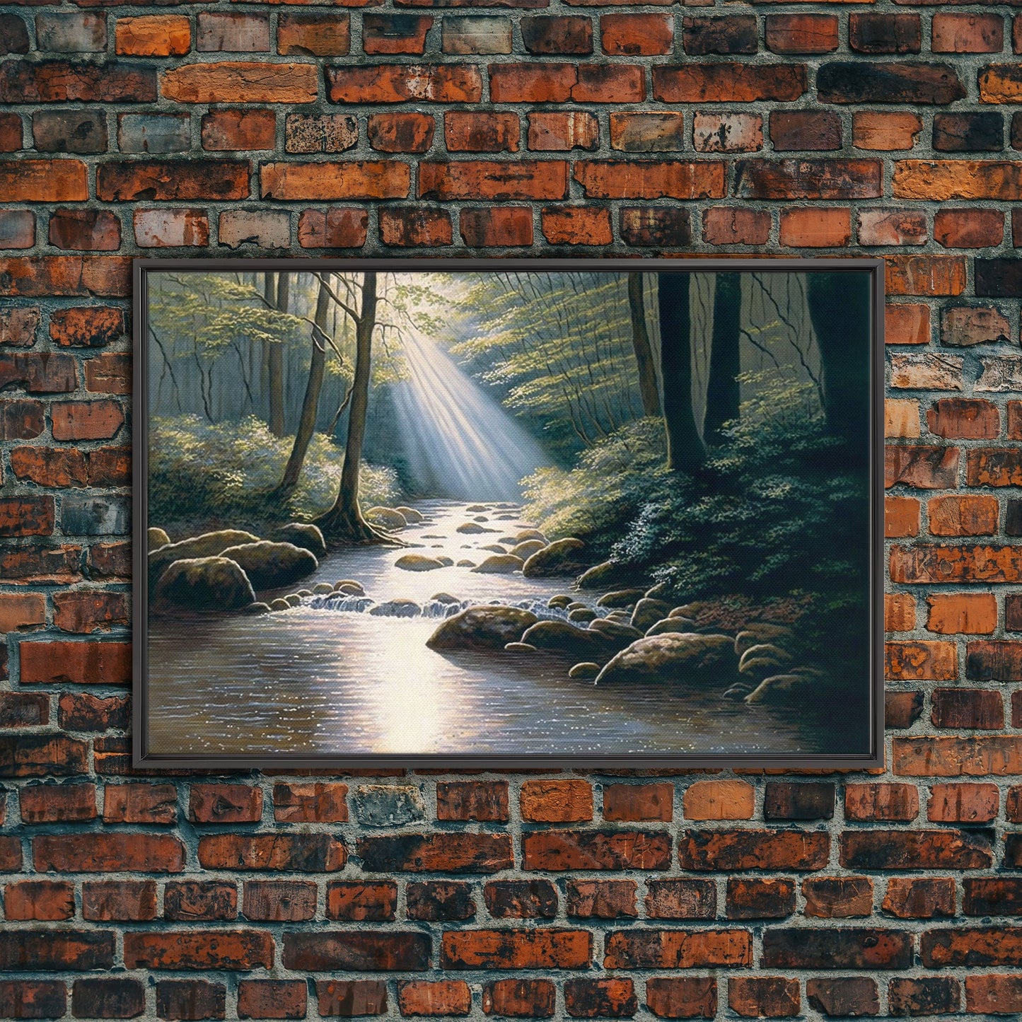Colorful Watercolor Art, Framed Canvas Print, unique wall art, framed wall art, Landscape watercolor, Beams of Sunlight piercing the canopy