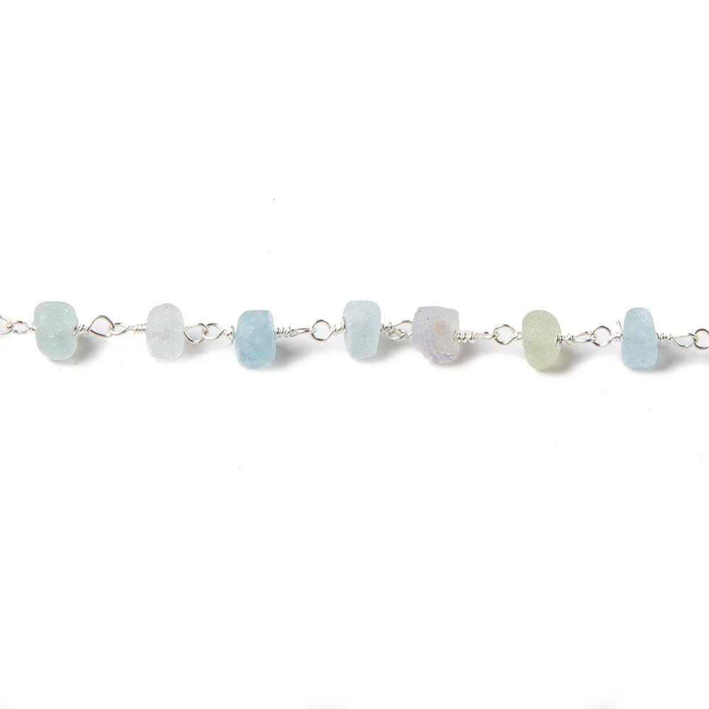 4-4.5mm Matte Aquamarine & Beryl rondelle Silver Chain by the foot 25 pcs