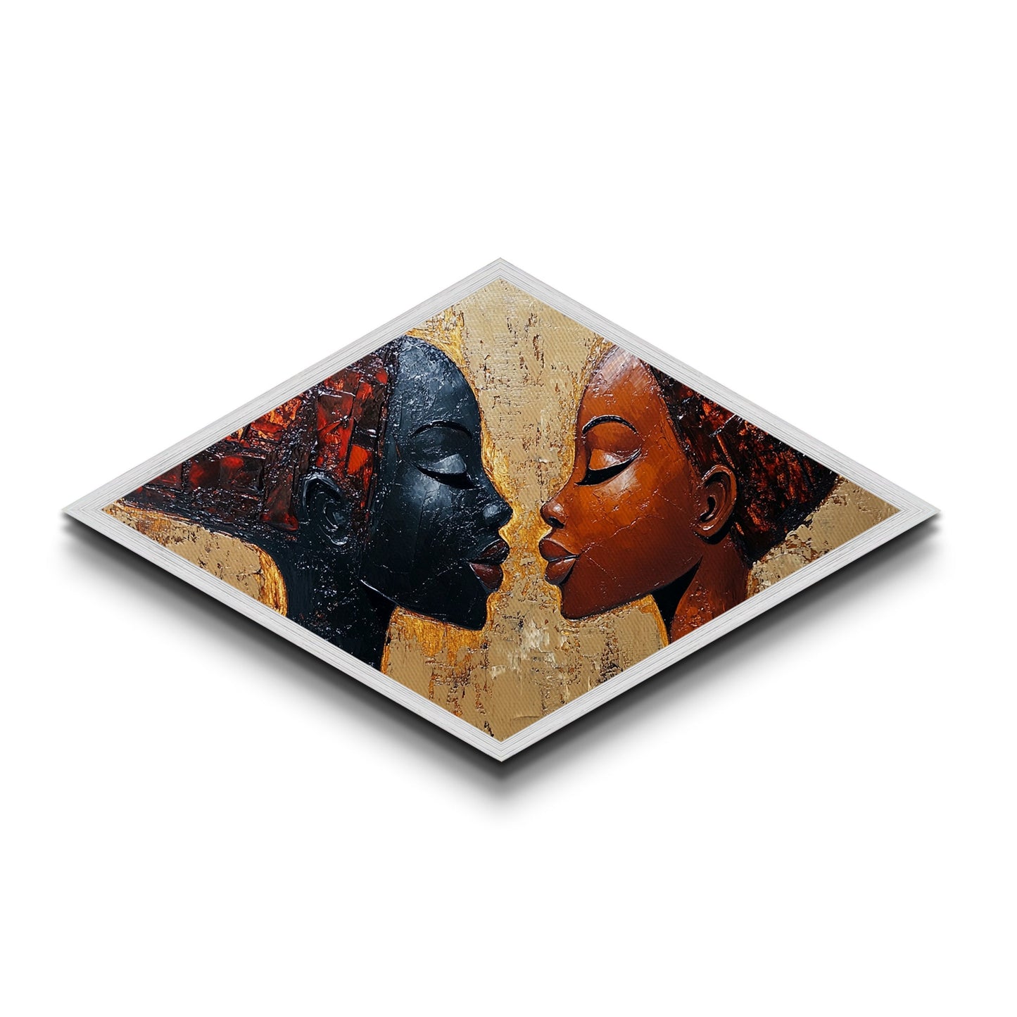 Radiant Unity - Diamond Shaped Canvas Embossed Print Modern Afrocentric Art Bedroom Wall Decor Couple Gift Bold Abstract Expression