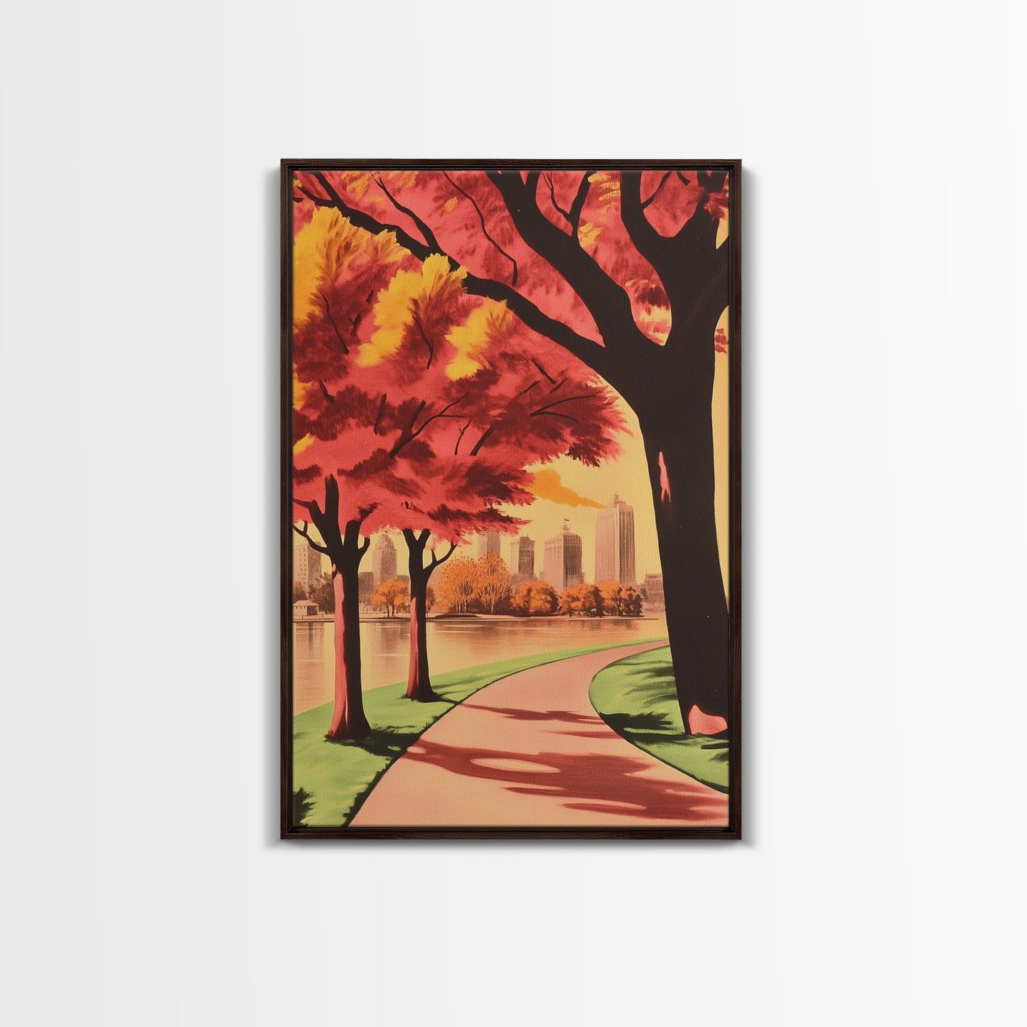 Canvas Print of City Park with Autumn Trees and Path, Seasonal Wall Art, Modern Farmhouse Decor, Best Gift Idea, Fall Cityscape Art