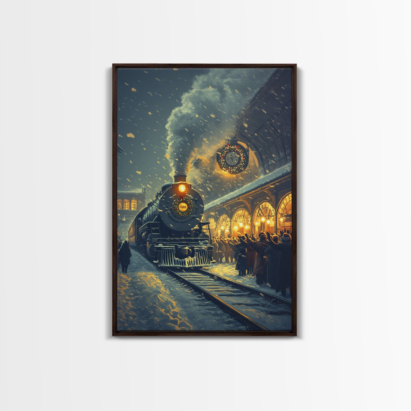 Nostalgic Christmas Train Station Scene in Snowy Winter Night, Ideal for Holiday Decor, Framed Canvas Print