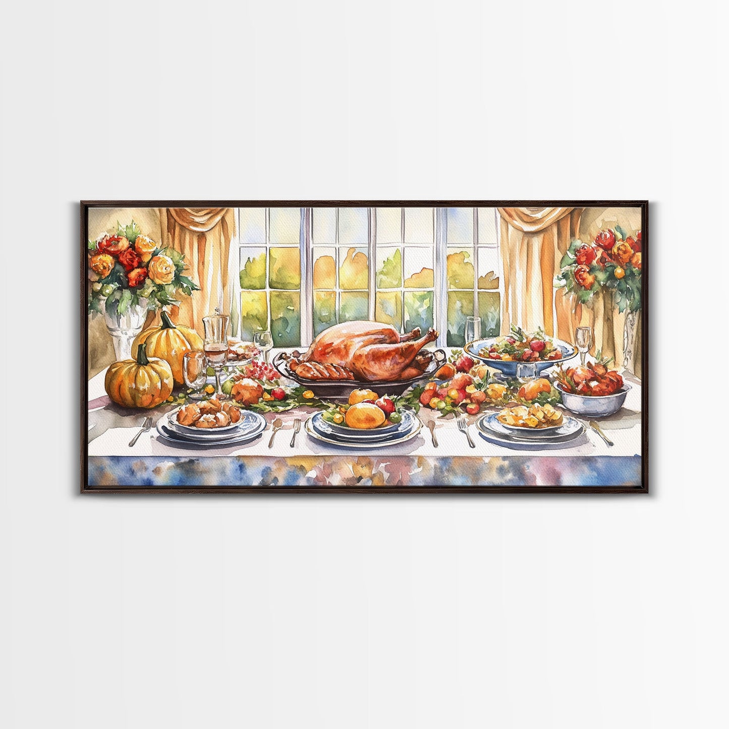 Framed Canvas Print Autumn Thanksgiving Dinner Table Art with Pumpkins, Perfect Fall Home Decor, Seasonal Wall Art, and Gallery Wall Piece